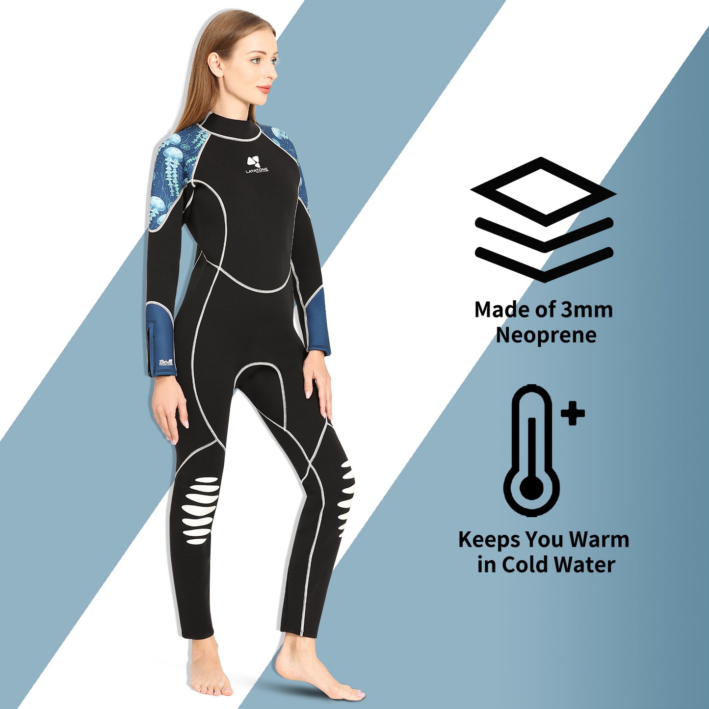 LayaTone Wetsuit Women Full Body 3mm Neoprene Diving Suit with Back Zip, Wetsuits for Women in Cold Water Swimming Diving Snorkeling Kayaking